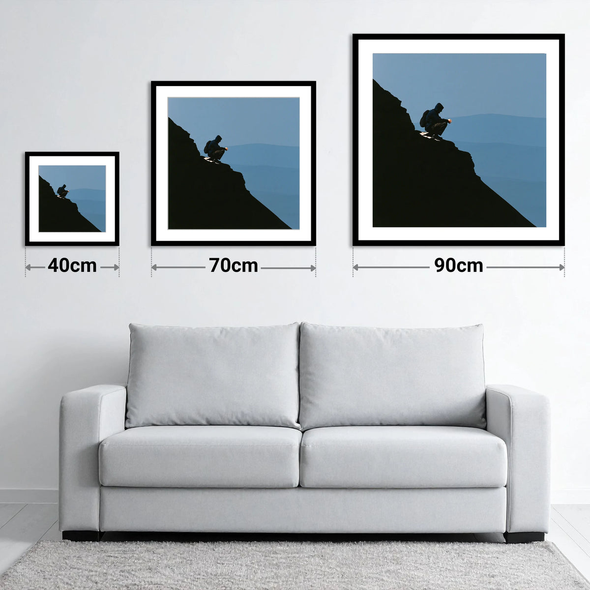 Blencathra Walker in Dramatic Silhouette - size guide showing 40cm, 70cm and 90cm art prints