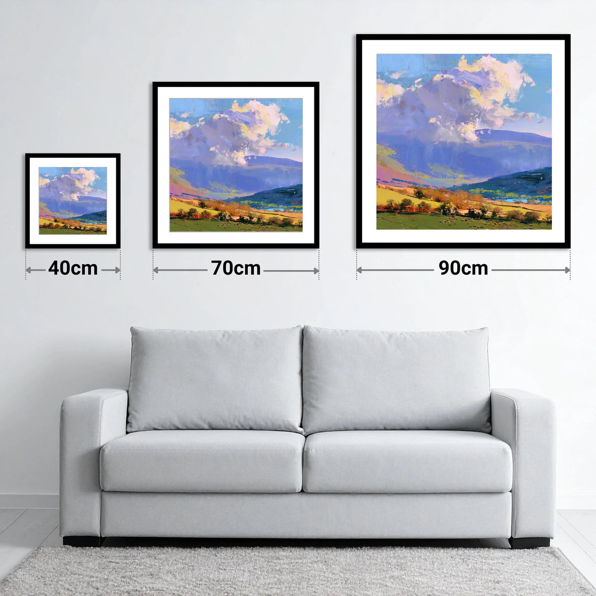 Vibrant Fells Under Dramatic Cloud - size guide showing 40cm, 70cm and 90cm art prints