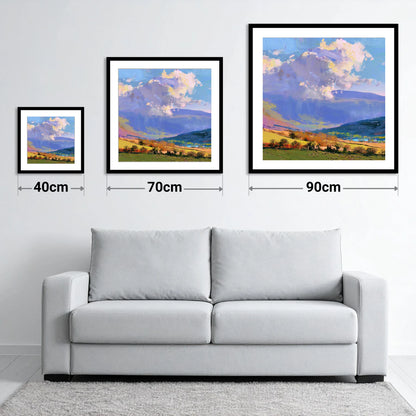 Vibrant Fells Under Dramatic Cloud - size guide showing 40cm, 70cm and 90cm art prints