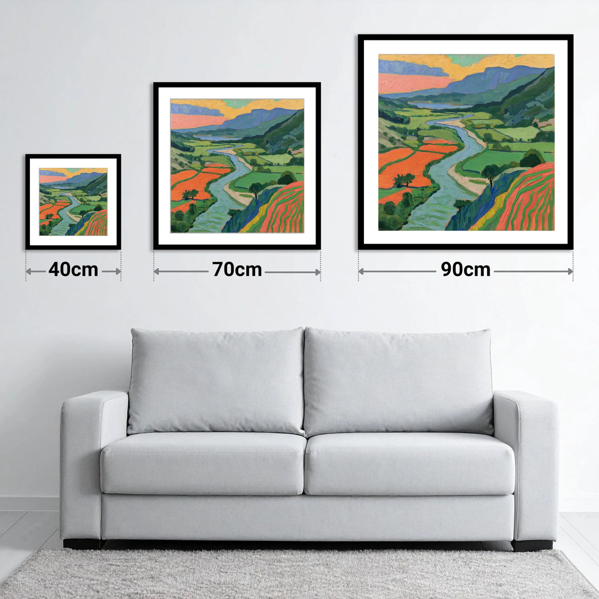 Winding River Through Vivid Fells - size guide showing 40cm, 70cm and 90cm art prints