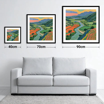 Winding River Through Vivid Fells - size guide showing 40cm, 70cm and 90cm art prints