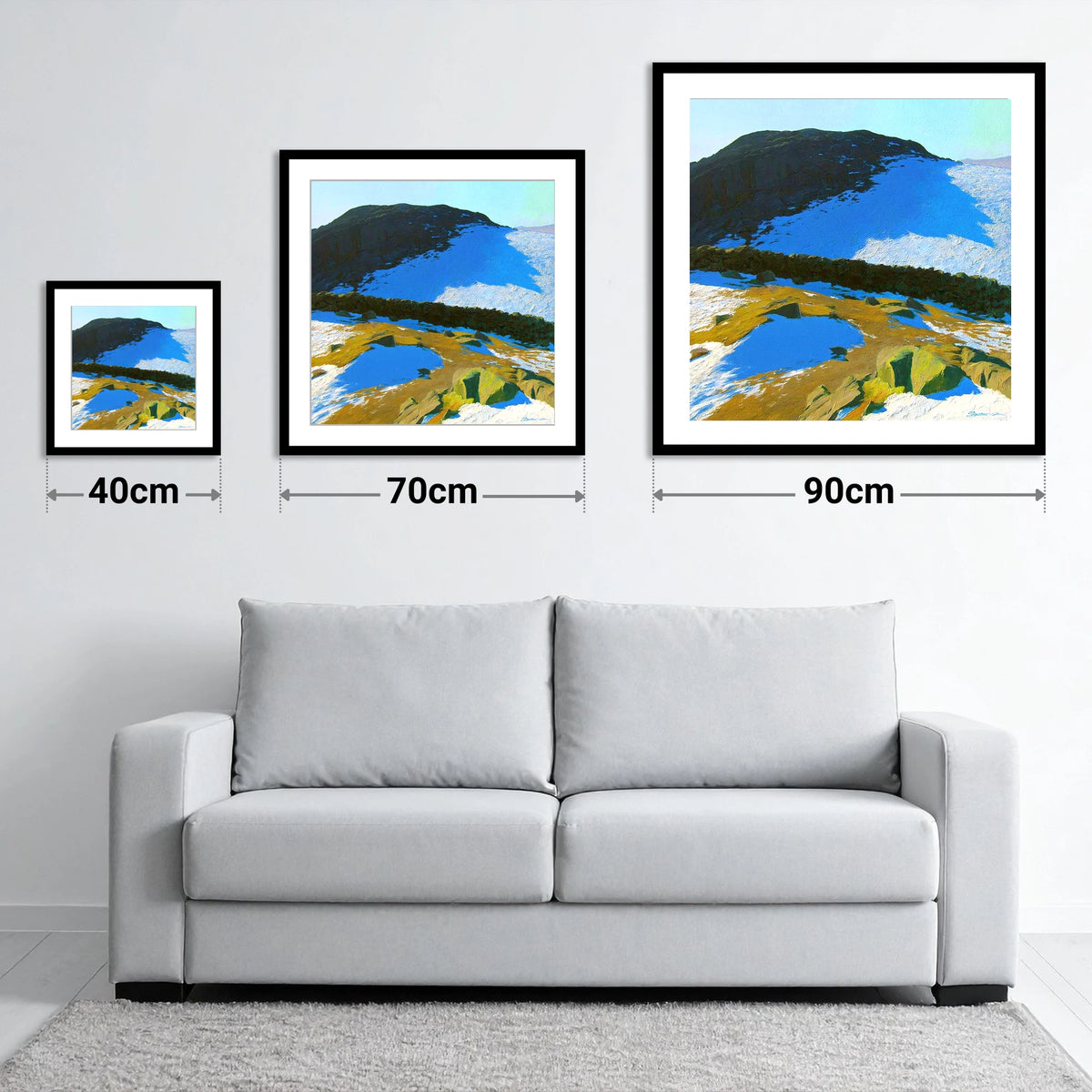 Winter Light On Great Crag - size guide showing 40cm, 70cm and 90cm art prints