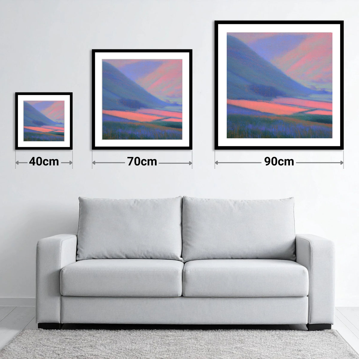 Pink Light on Dale Fields - size guide showing 40cm, 70cm and 90cm art prints