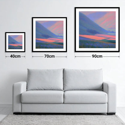 Pink Light on Dale Fields - size guide showing 40cm, 70cm and 90cm art prints