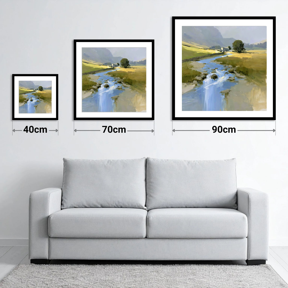 Sunlit Valley Beck and Farmhouse - size guide showing 40cm, 70cm and 90cm art prints