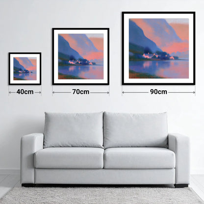 Lakeside Hamlet Beneath Indigo Fells - size guide showing 40cm, 70cm and 90cm art prints