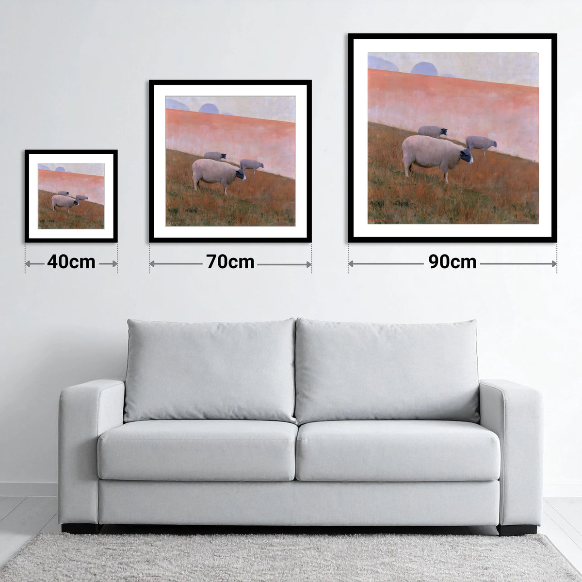 Herdwick Sheep on Pastel Fellside - size guide showing 40cm, 70cm and 90cm art prints