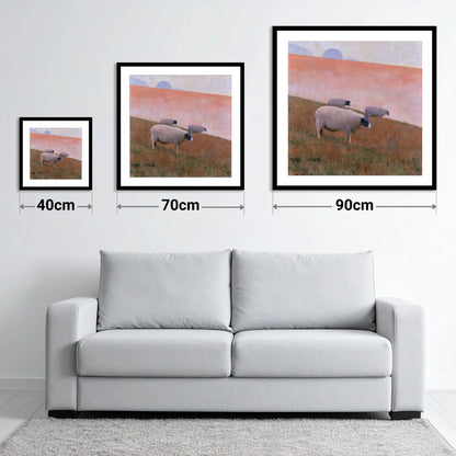 Herdwick Sheep on Pastel Fellside - size guide showing 40cm, 70cm and 90cm art prints
