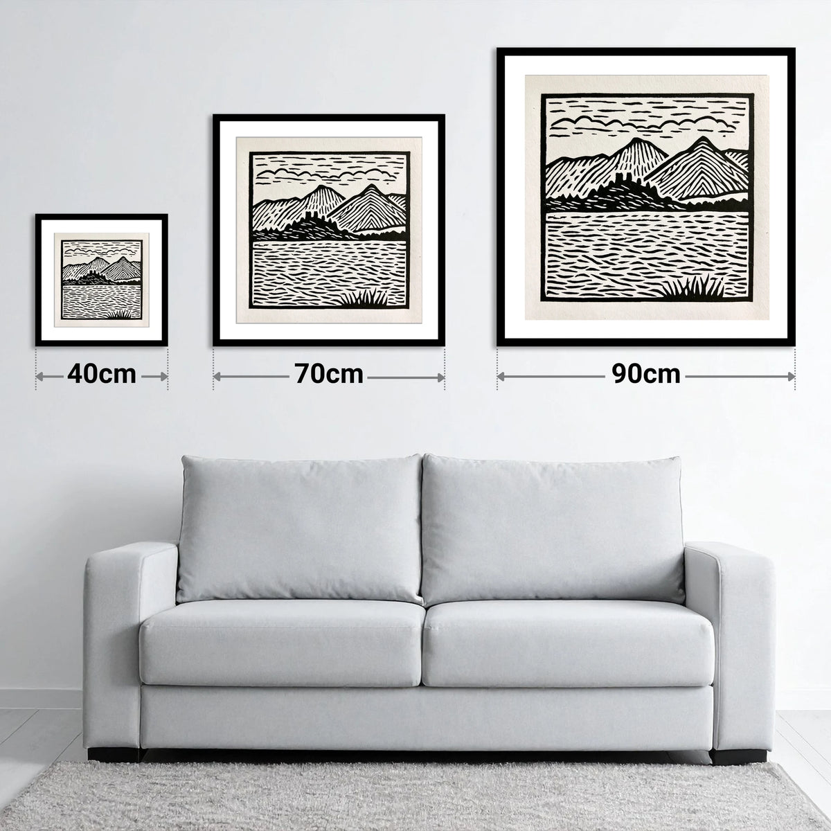 Monochrome Derwentwater Fells - size guide showing 40cm, 70cm and 90cm art prints