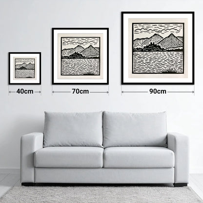 Monochrome Derwentwater Fells - size guide showing 40cm, 70cm and 90cm art prints