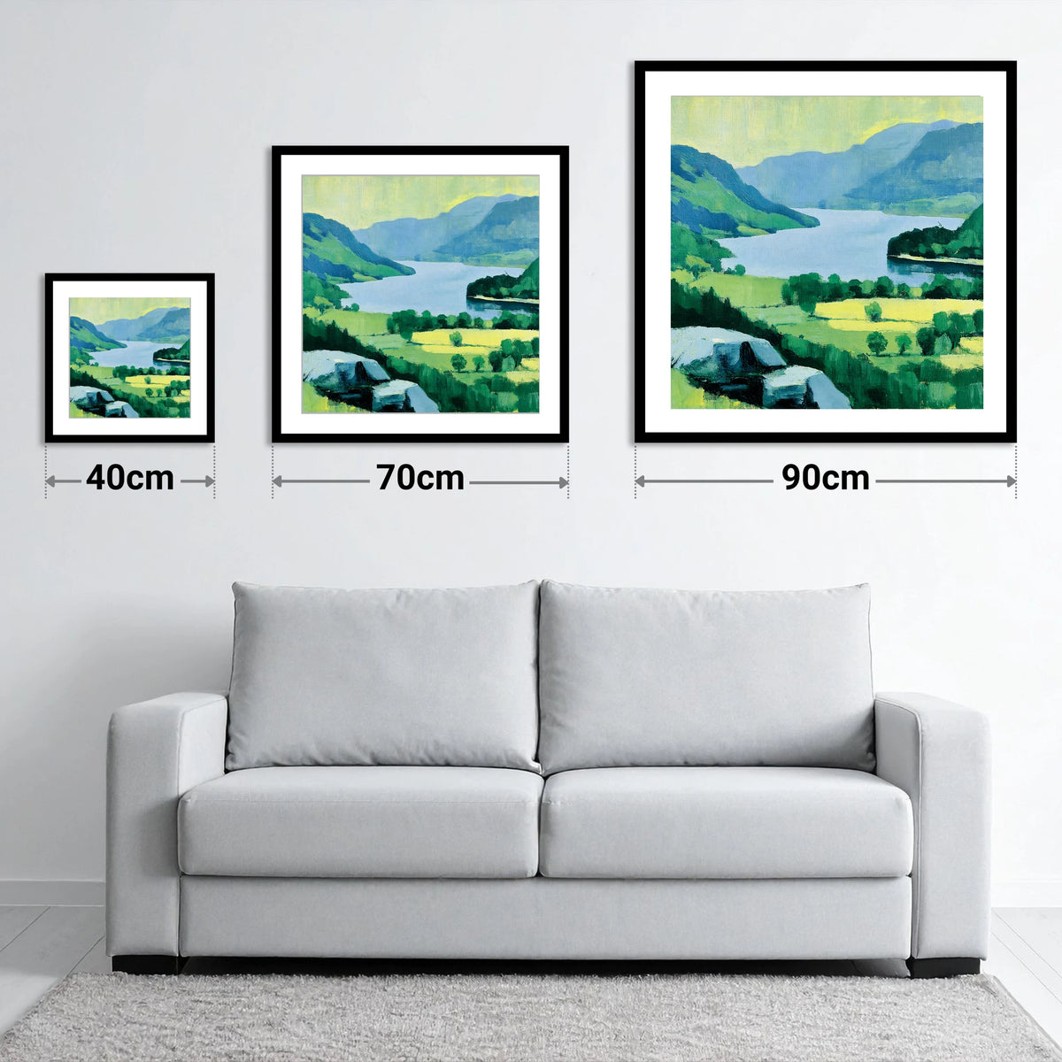 Gowbarrow Crag Over Ullswater - size guide showing 40cm, 70cm and 90cm art prints