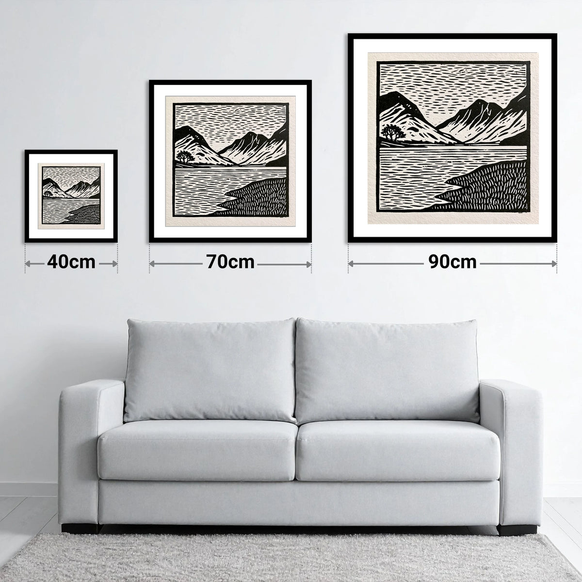 Black and White Buttermere Fells - size guide showing 40cm, 70cm and 90cm art prints