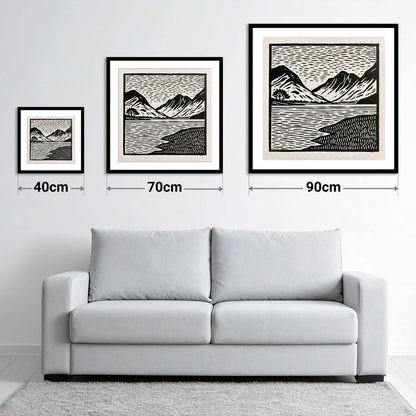 Black and White Buttermere Fells - size guide showing 40cm, 70cm and 90cm art prints
