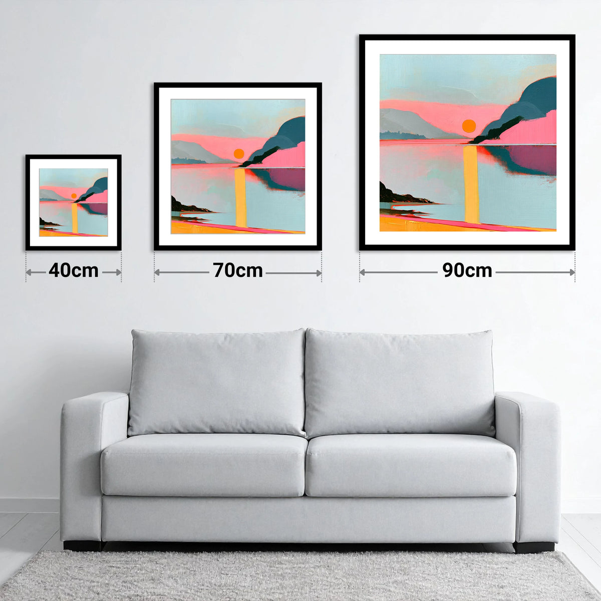 Bold Pink Sunset Over The Lake - size guide showing 40cm, 70cm and 90cm art prints