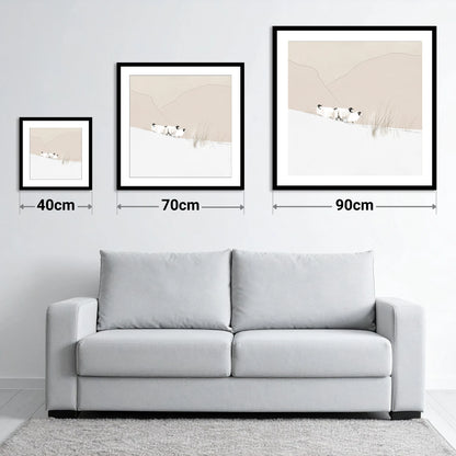 Herdwick Sheep on Minimalist Fell - size guide showing 40cm, 70cm and 90cm art prints