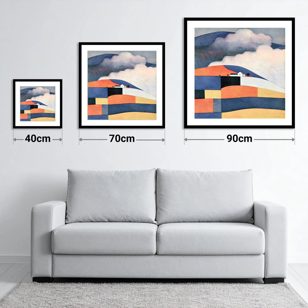 Patchwork Rolling Fells Under Cloud - size guide showing 40cm, 70cm and 90cm art prints