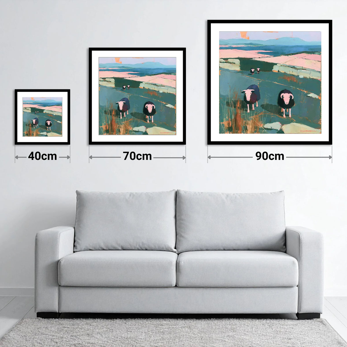 Herdwick Sheep on a Teal Fellside - size guide showing 40cm, 70cm and 90cm art prints
