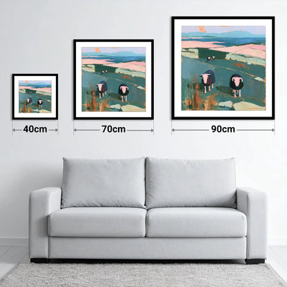 Herdwick Sheep on a Teal Fellside - size guide showing 40cm, 70cm and 90cm art prints