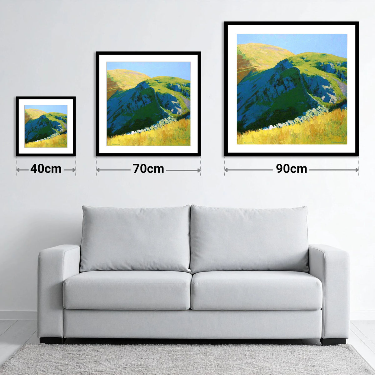 Sunlit Ridge on Birks Fell - size guide showing 40cm, 70cm and 90cm art prints