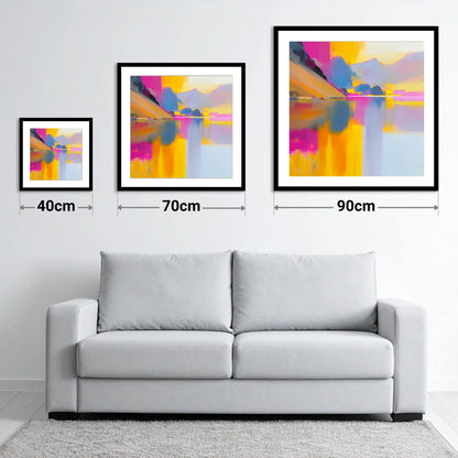 Loweswater Fells in Bold Magenta - size guide showing 40cm, 70cm and 90cm art prints