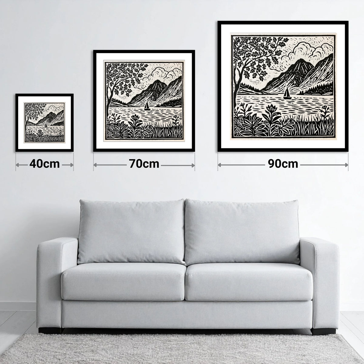 Monochrome Ennerdale Fells and Sailboat - size guide showing 40cm, 70cm and 90cm art prints