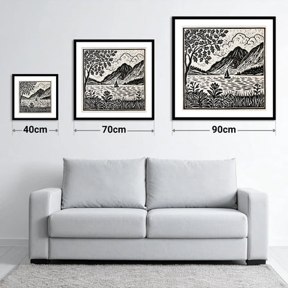 Monochrome Ennerdale Fells and Sailboat - size guide showing 40cm, 70cm and 90cm art prints