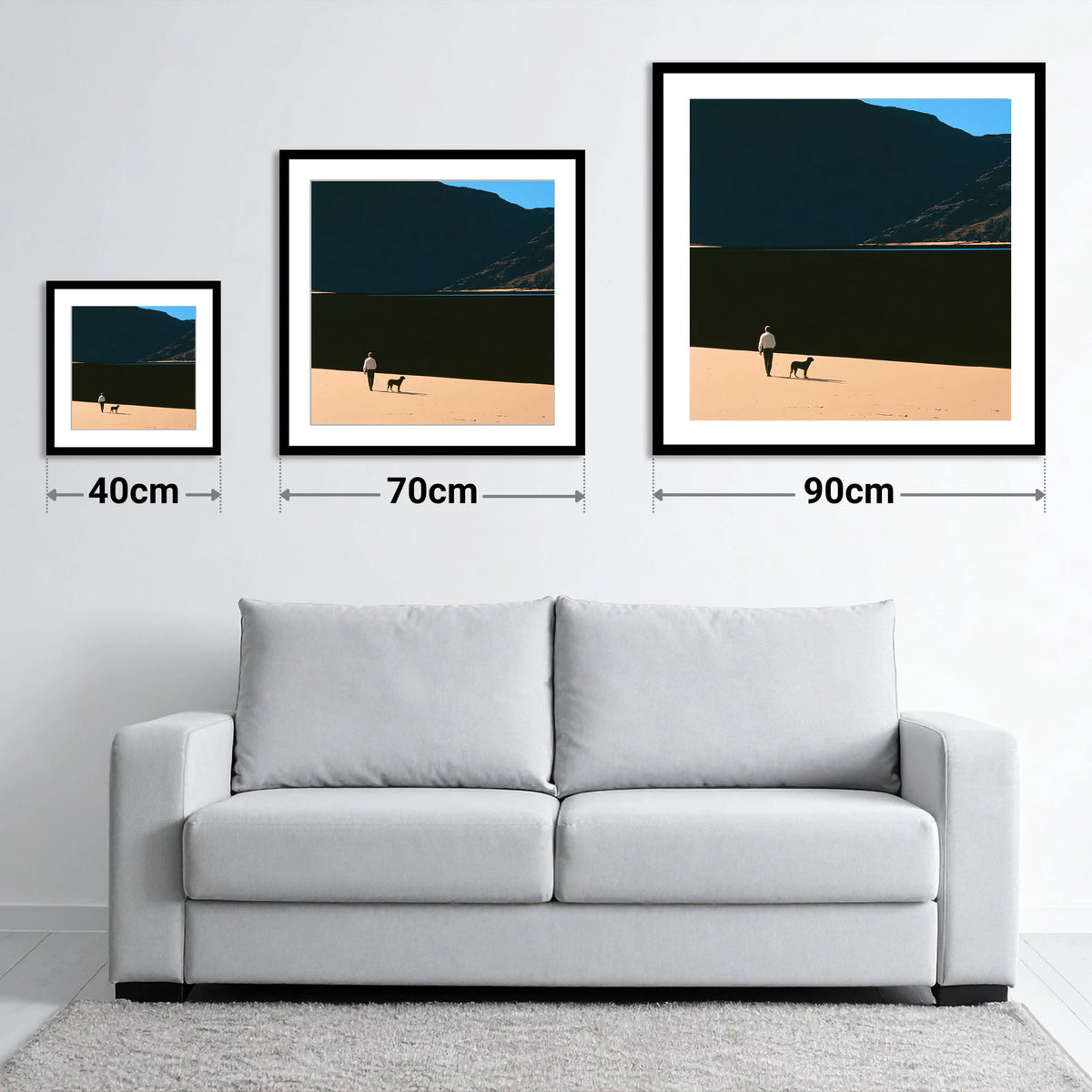 Dog Walker on Ennerdale Shore - size guide showing 40cm, 70cm and 90cm art prints