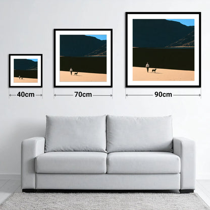 Dog Walker on Ennerdale Shore - size guide showing 40cm, 70cm and 90cm art prints