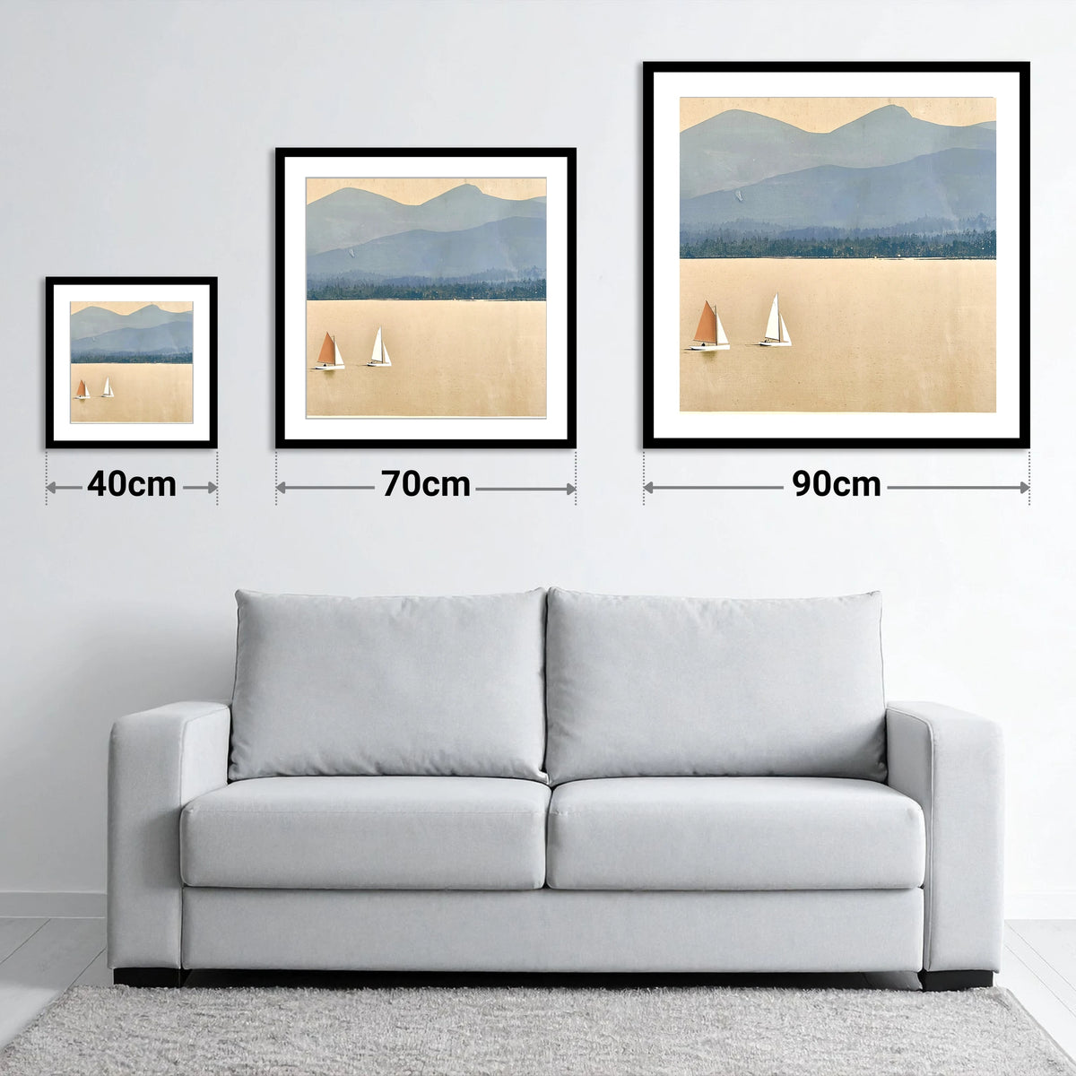 Windermere Sailboats Beneath Slate Fells - size guide showing 40cm, 70cm and 90cm art prints