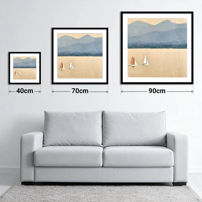 Windermere Sailboats Beneath Slate Fells - size guide showing 40cm, 70cm and 90cm art prints