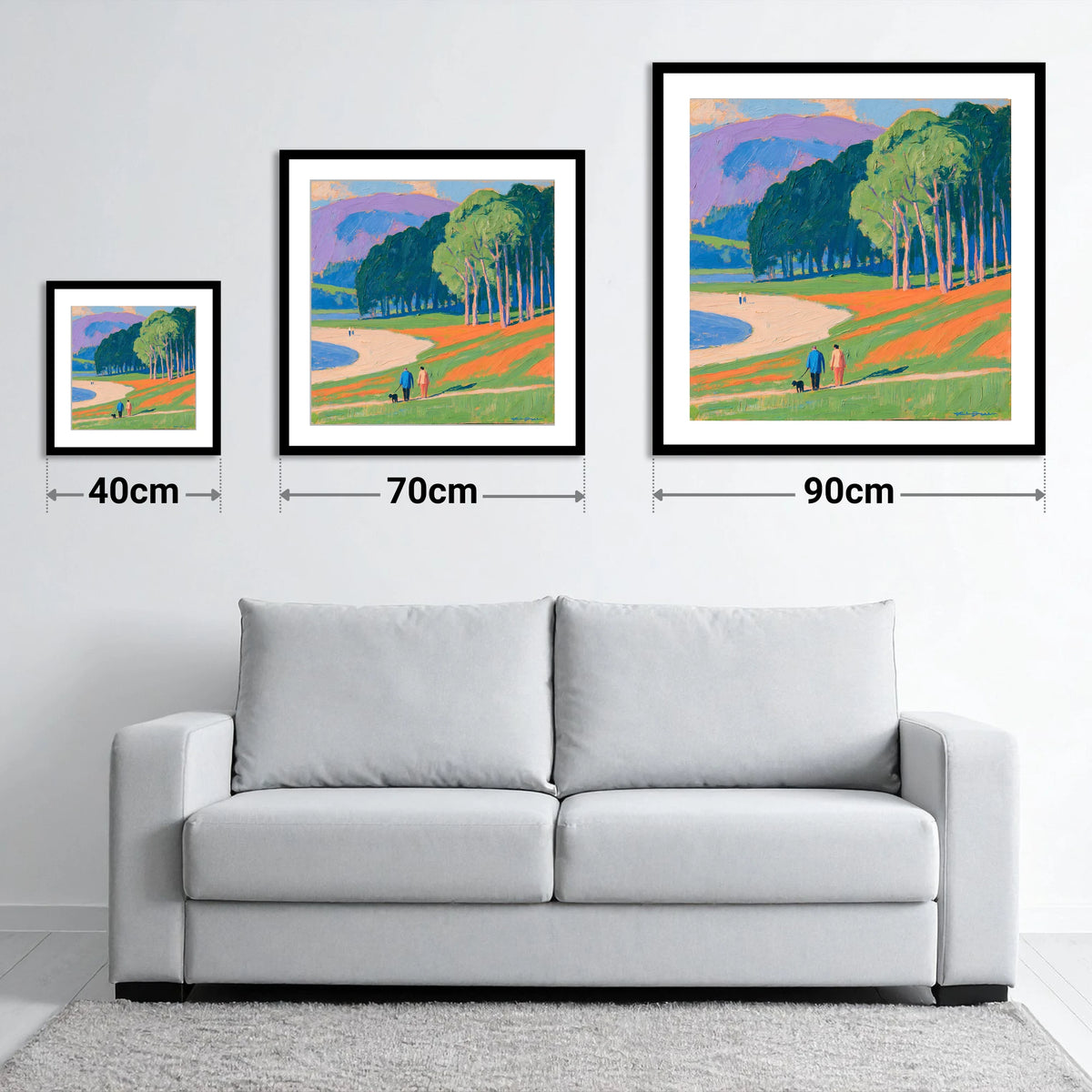 Vibrant Ambleside Dog Walk - size guide showing 40cm, 70cm and 90cm art prints