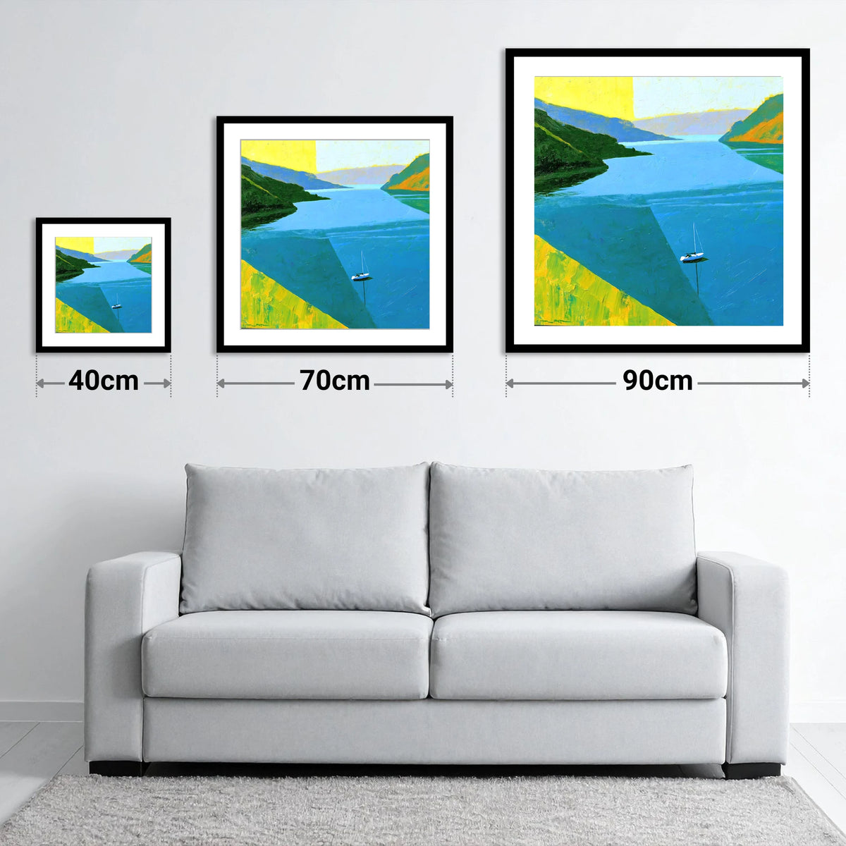 Ullswater Sailboat in Vibrant Blue - size guide showing 40cm, 70cm and 90cm art prints
