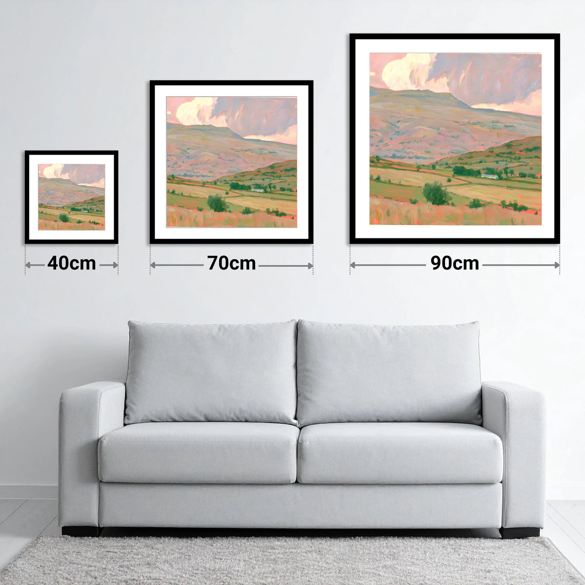 Pastel Storm Clouds Over Fells - size guide showing 40cm, 70cm and 90cm art prints