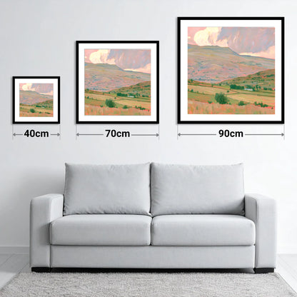 Pastel Storm Clouds Over Fells - size guide showing 40cm, 70cm and 90cm art prints