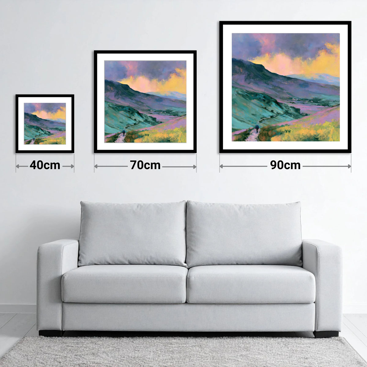 Fell Walker in Pastel Fells - size guide showing 40cm, 70cm and 90cm art prints
