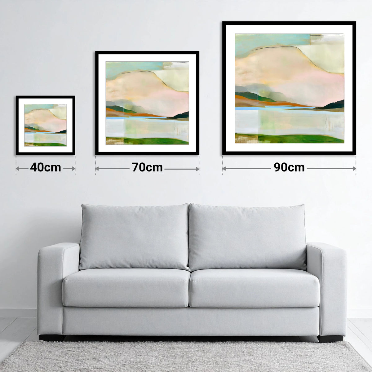 Contemporary Fells Under Storm Clouds - size guide showing 40cm, 70cm and 90cm art prints