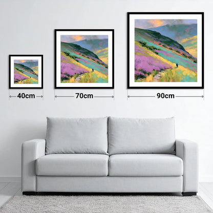Lone Walker on Vivid Fells - size guide showing 40cm, 70cm and 90cm art prints