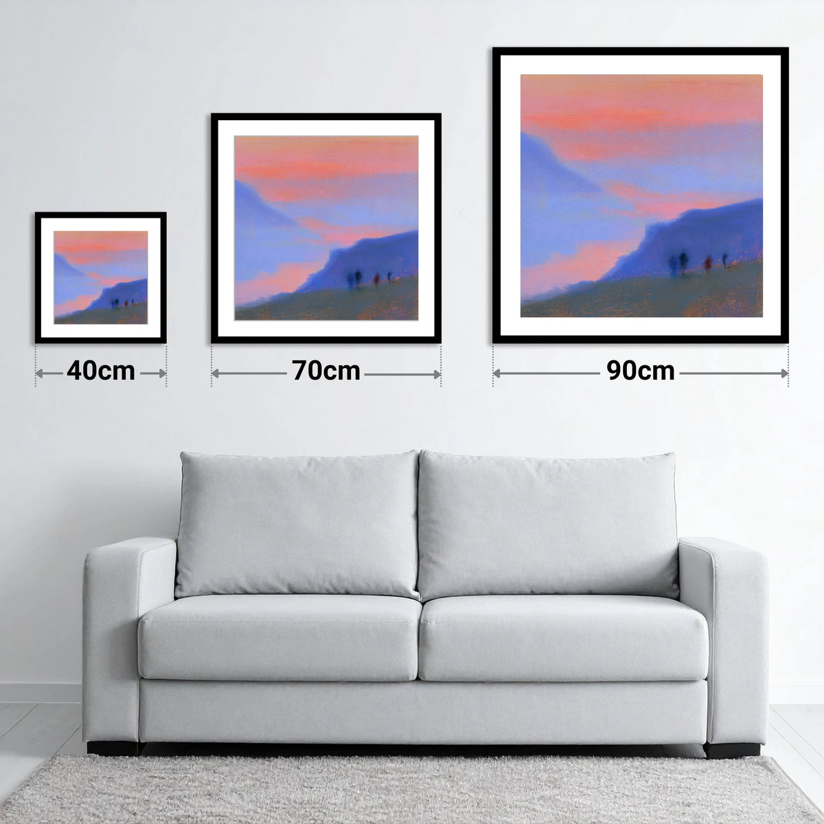 Twilight Walkers on the Fell - size guide showing 40cm, 70cm and 90cm art prints