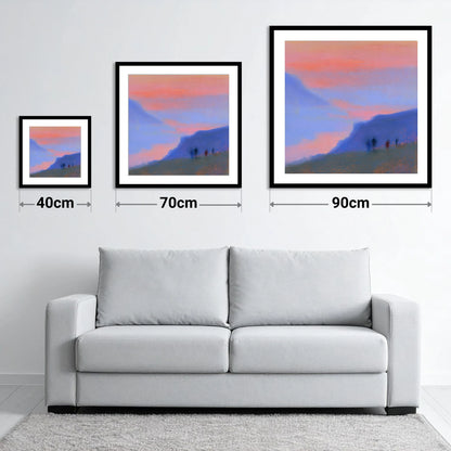Twilight Walkers on the Fell - size guide showing 40cm, 70cm and 90cm art prints