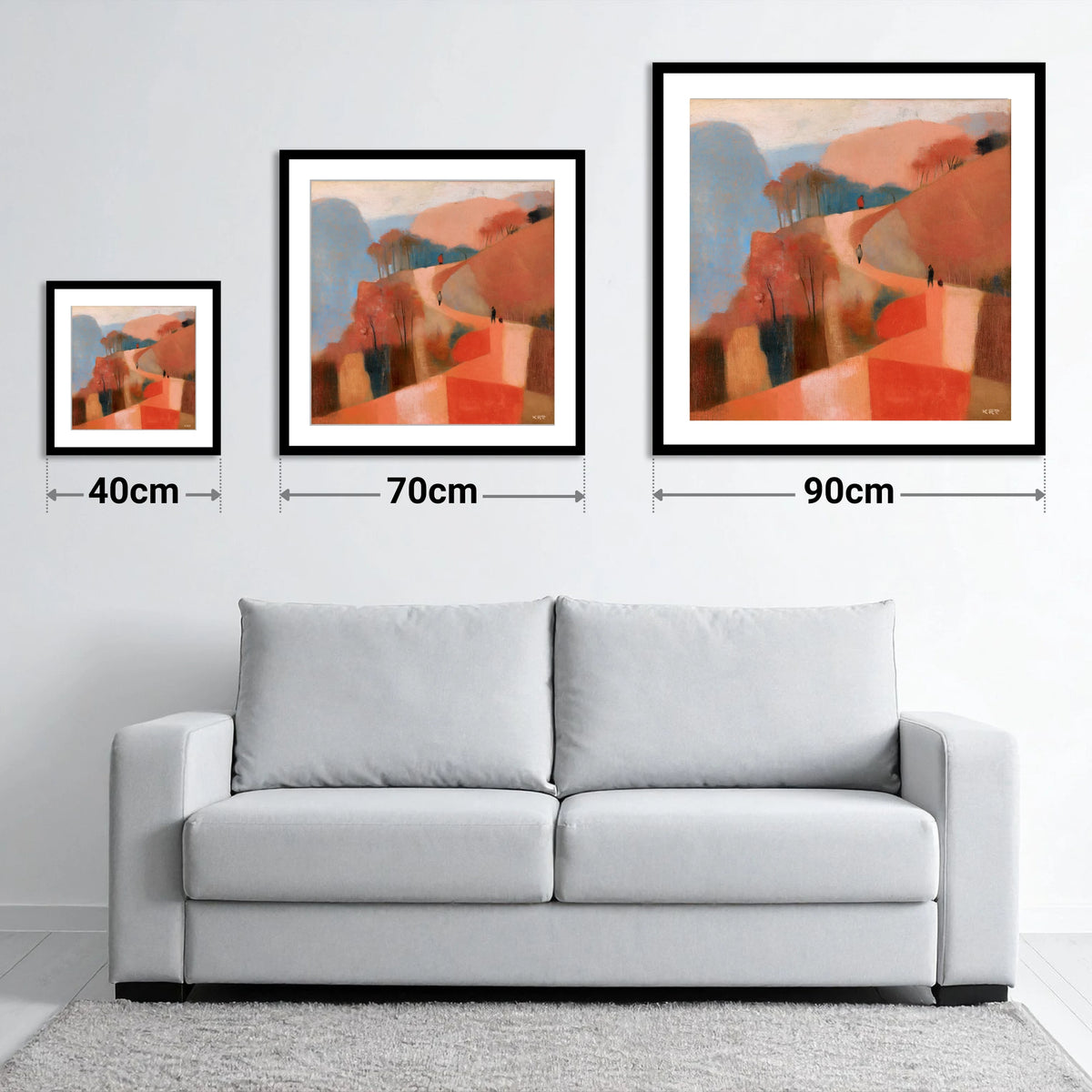 Terracotta Mountain Path Walkers - size guide showing 40cm, 70cm and 90cm art prints