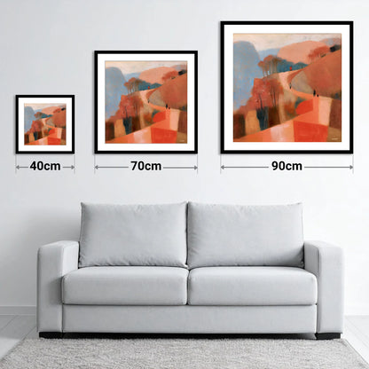 Terracotta Mountain Path Walkers - size guide showing 40cm, 70cm and 90cm art prints