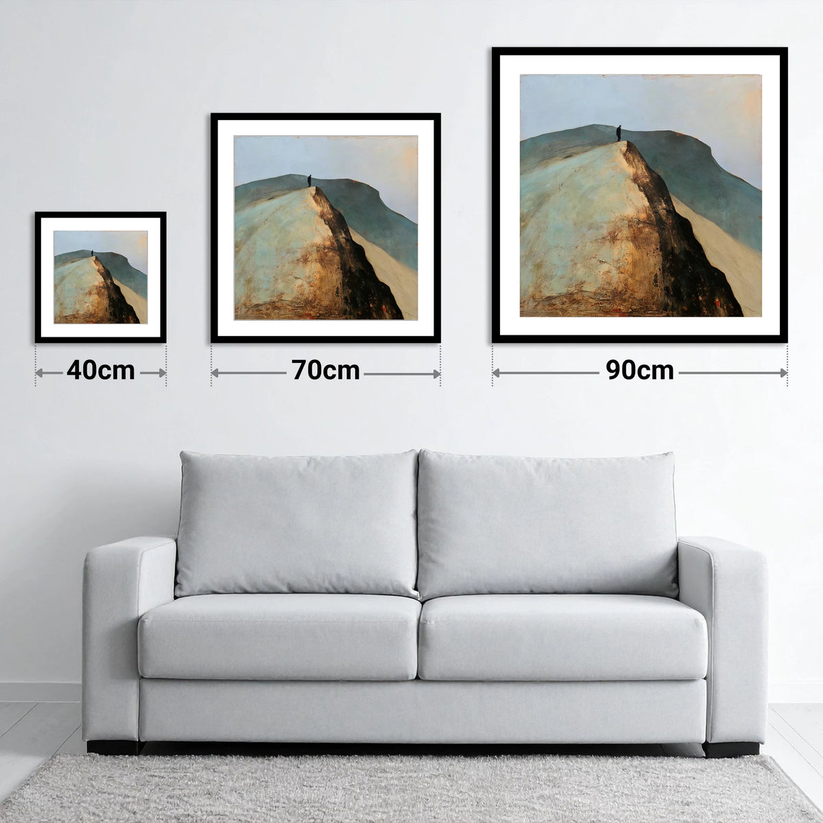 Walker on Golden Striding Edge - size guide showing 40cm, 70cm and 90cm art prints