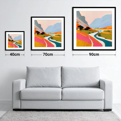 Vibrant River Winding Through Fells - size guide showing 40cm, 70cm and 90cm art prints