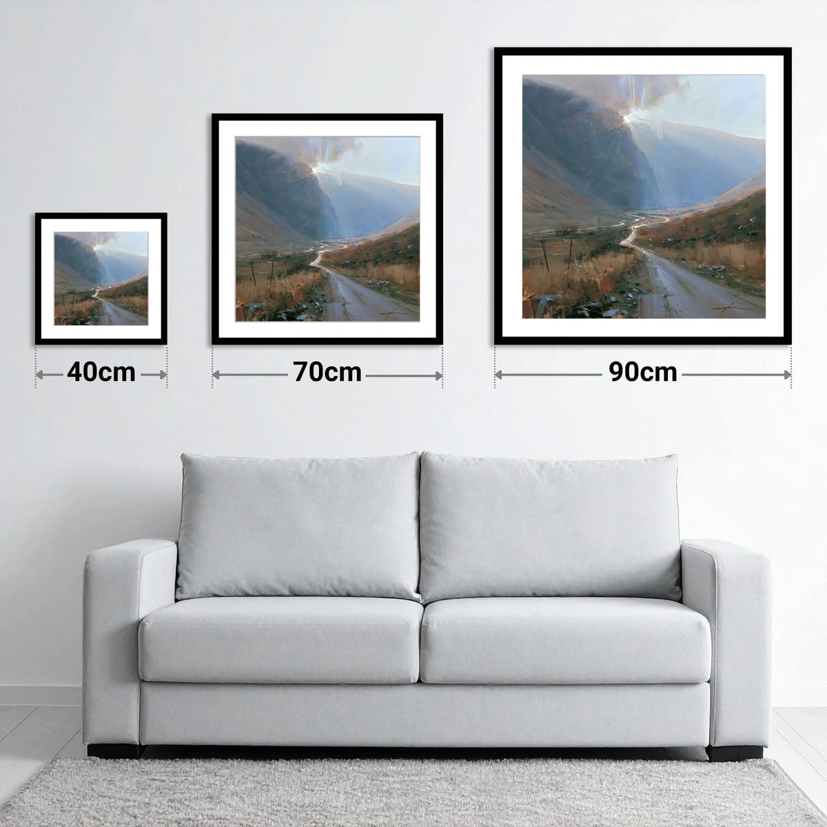Mountain Pass in Breaking Light - size guide showing 40cm, 70cm and 90cm art prints