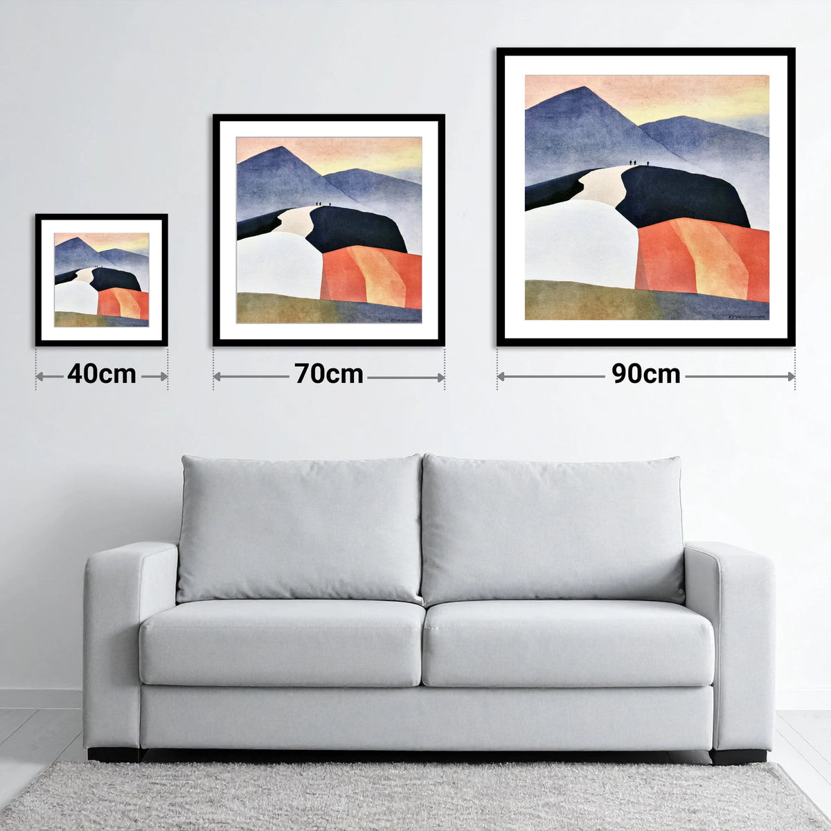 Fell Summit in Terracotta and Indigo - size guide showing 40cm, 70cm and 90cm art prints