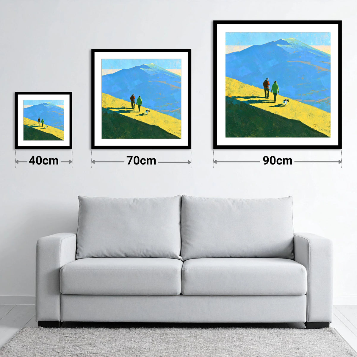 Sunlit Dog Walk on Skiddaw - size guide showing 40cm, 70cm and 90cm art prints