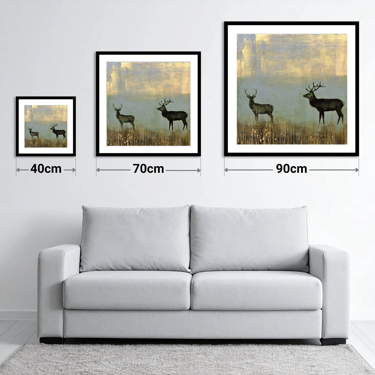 Red Deer in Slate and Gold - size guide showing 40cm, 70cm and 90cm art prints