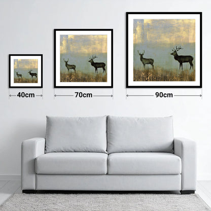 Red Deer in Slate and Gold - size guide showing 40cm, 70cm and 90cm art prints