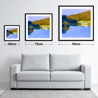Mirrored Islet on Coniston Water - size guide showing 40cm, 70cm and 90cm art prints