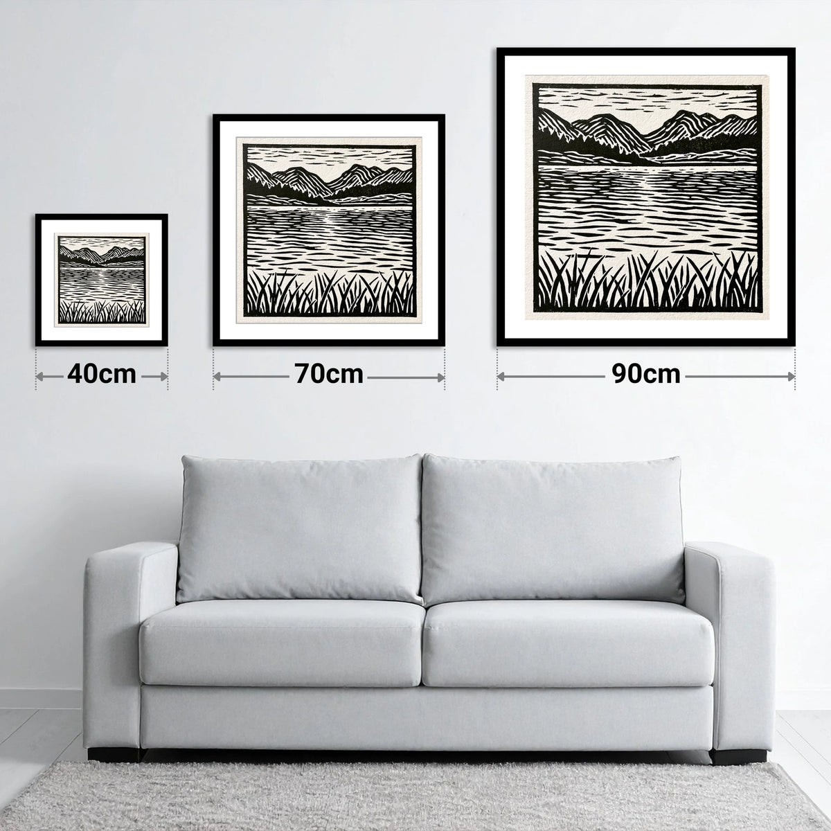 Calm Lake Reflections in Monochrome - size guide showing 40cm, 70cm and 90cm art prints